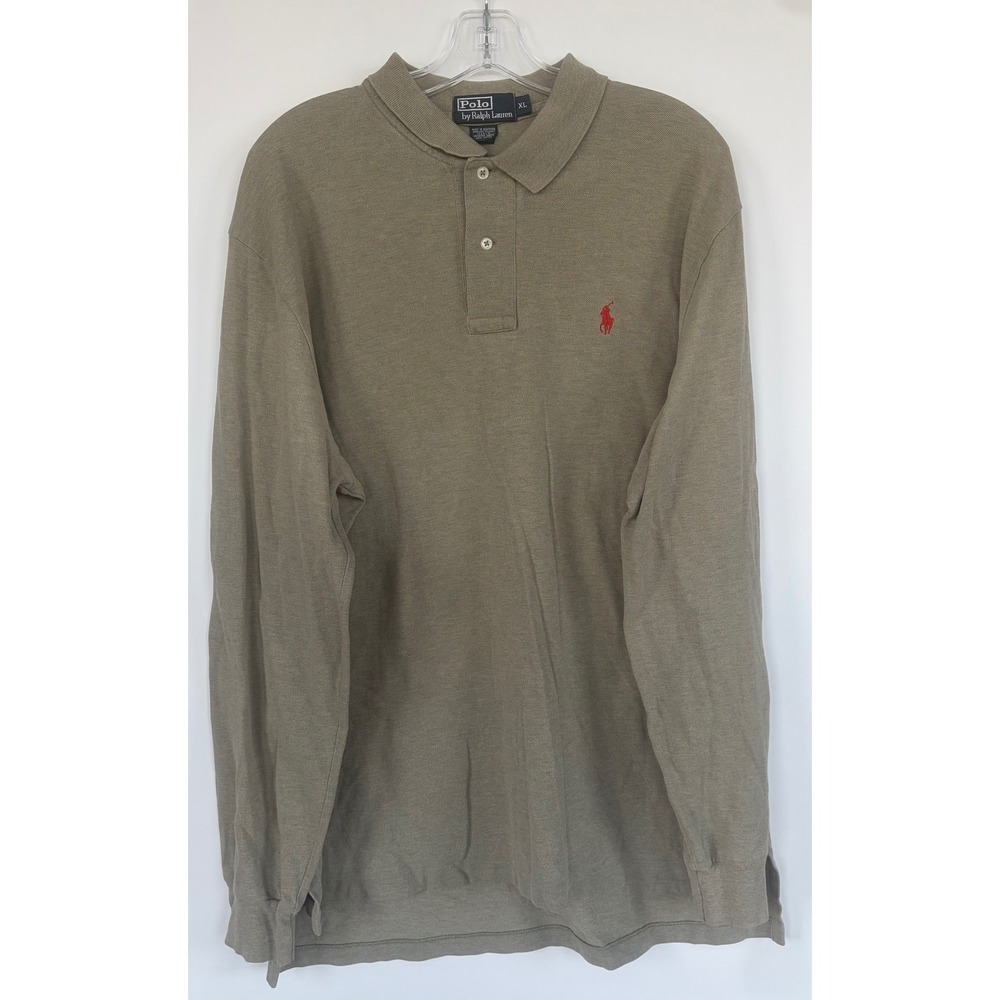 Polo Ralph Lauren Long Sleeve Polo Shirt XL Olive Green Khaki Cotton Pique Pony